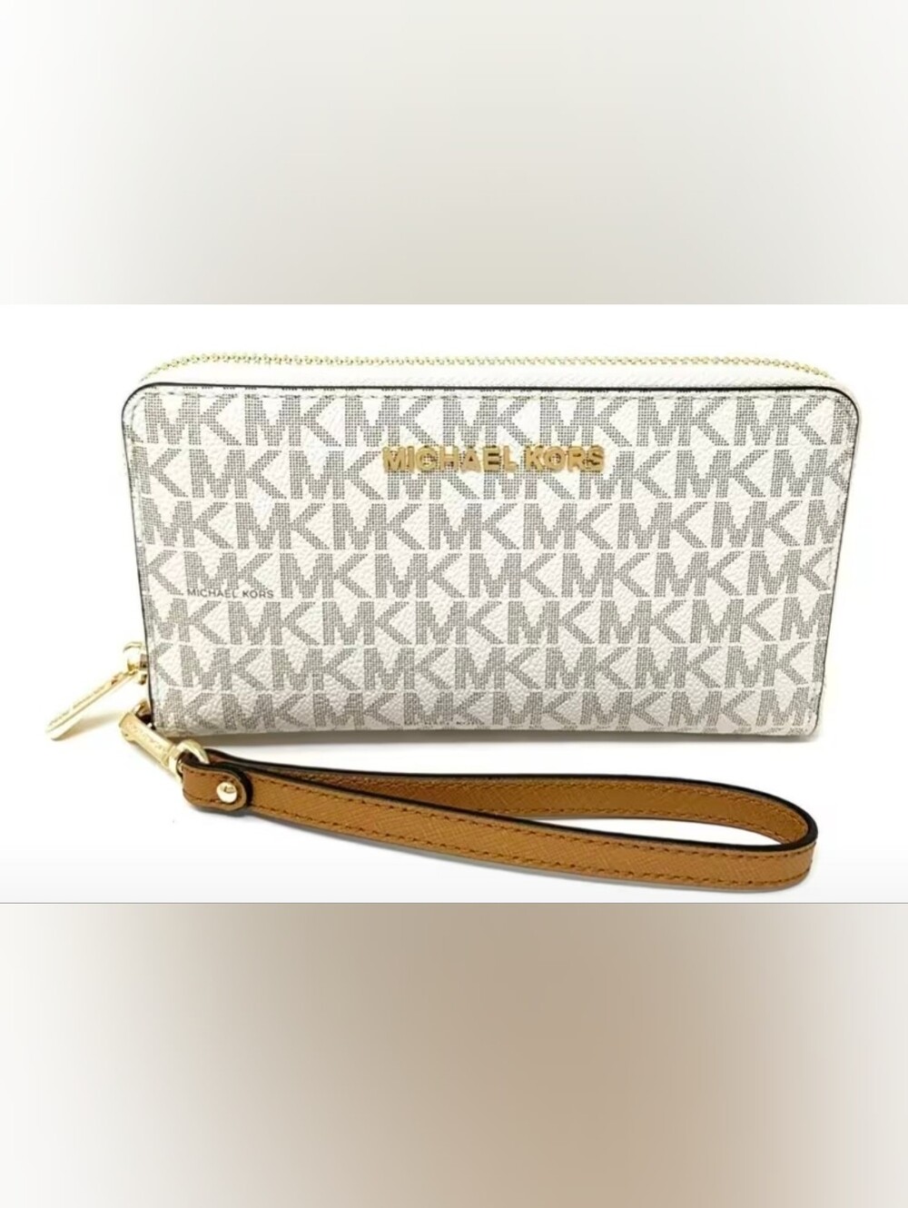 NWT Michael Kors Jet Set Phone Case Vanilla Logo Zip Wristlet Gold Hardware